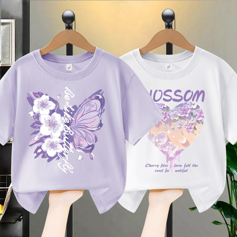 Girls Summer Butterfly Print Cotton Short Sleeve T-Shirt