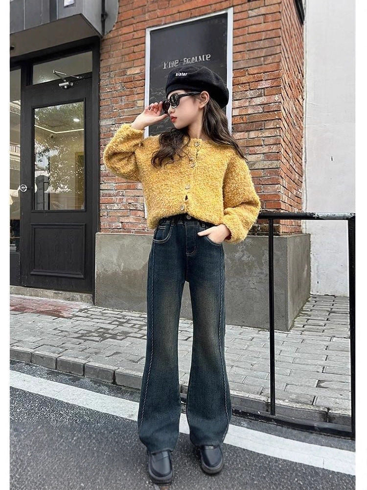 Girls’ Fleece-Lined Flared Jeans Warm Outdoor Pants