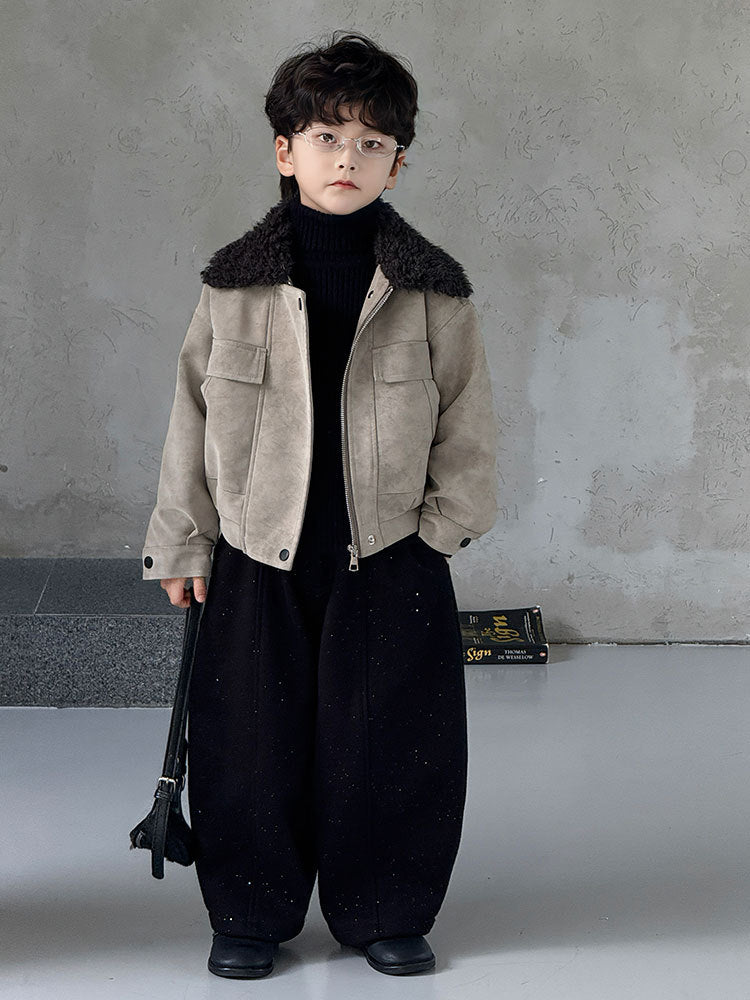 Boys’ Baby Fur Collar Leather Jacket 2025 Autumn Winter Warm Coat