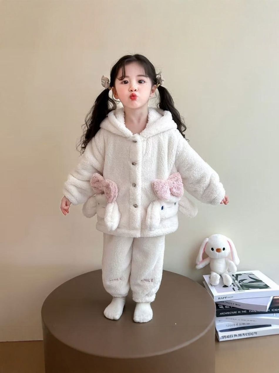 Girls Cartoon Bunny Hooded Pajama Set – Winter Wear