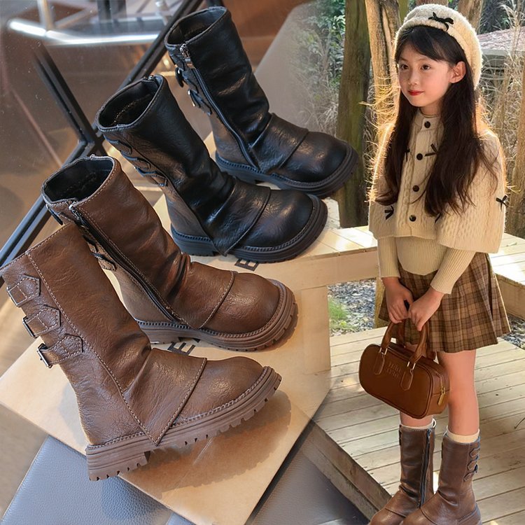 Girls’ British Style Cotton Leather Winter Boots
