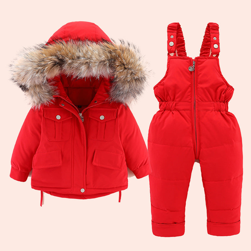 Kids Fur Collar Down Jacket – 2-Piece Korean Winter Suit