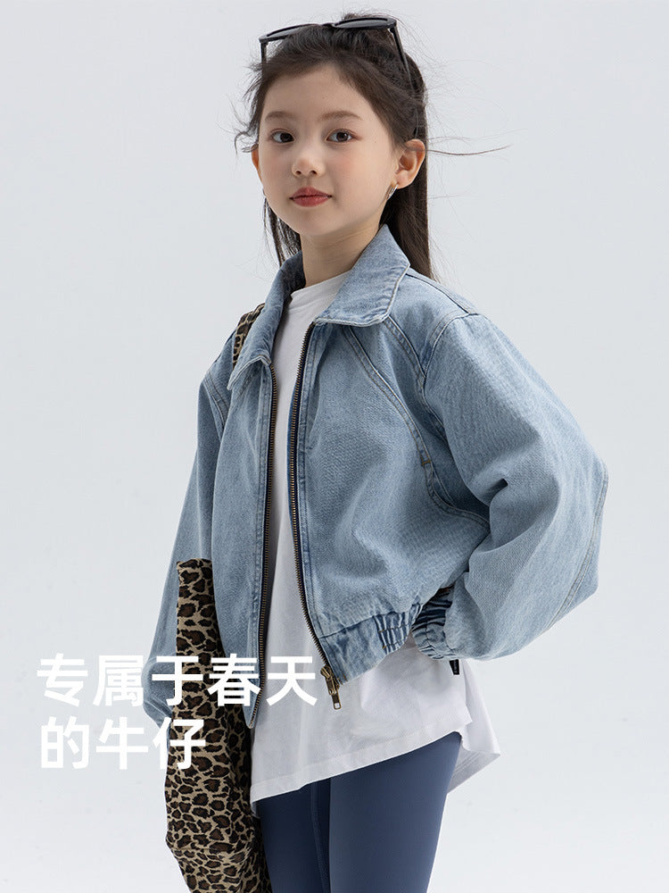 Girls Retro Denim Jacket 2025 Autumn Double Zipper Kids Jacket