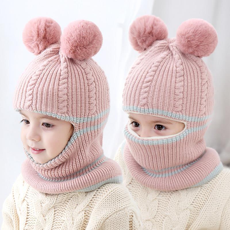 Kids’ Knitted Wool Winter Hat – Warm Plus Velvet Beanie with Scarf