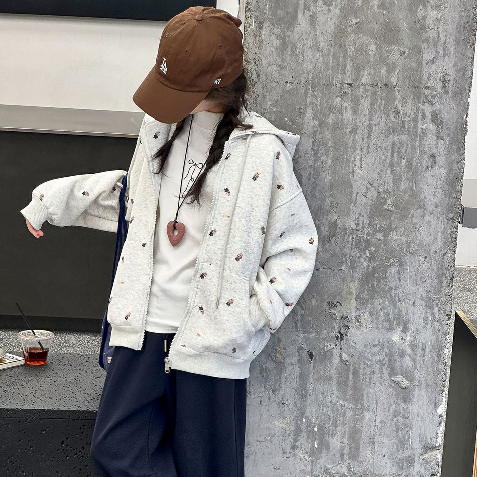 Girls College Style Hooded Cartoon Cardigan