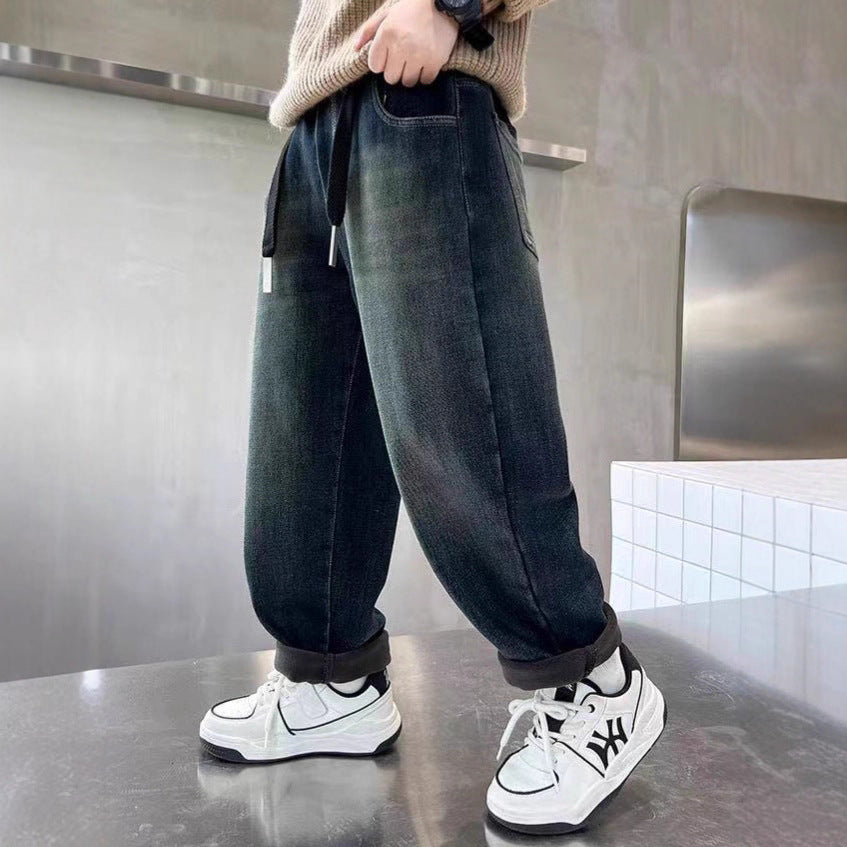 Boys Thickened Fleece Jeans Autumn Winter Casual Pants