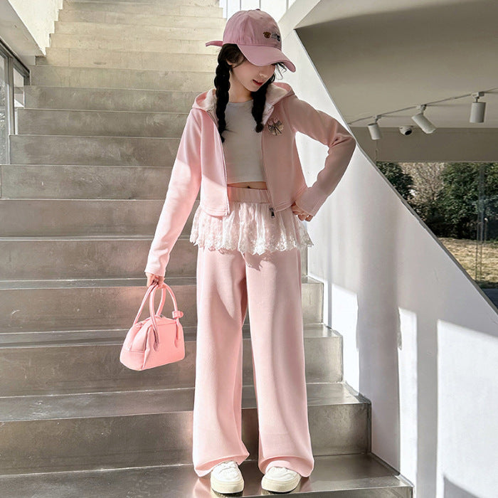 Girls Lace Hoodie & Pants Set for Autumn Wear