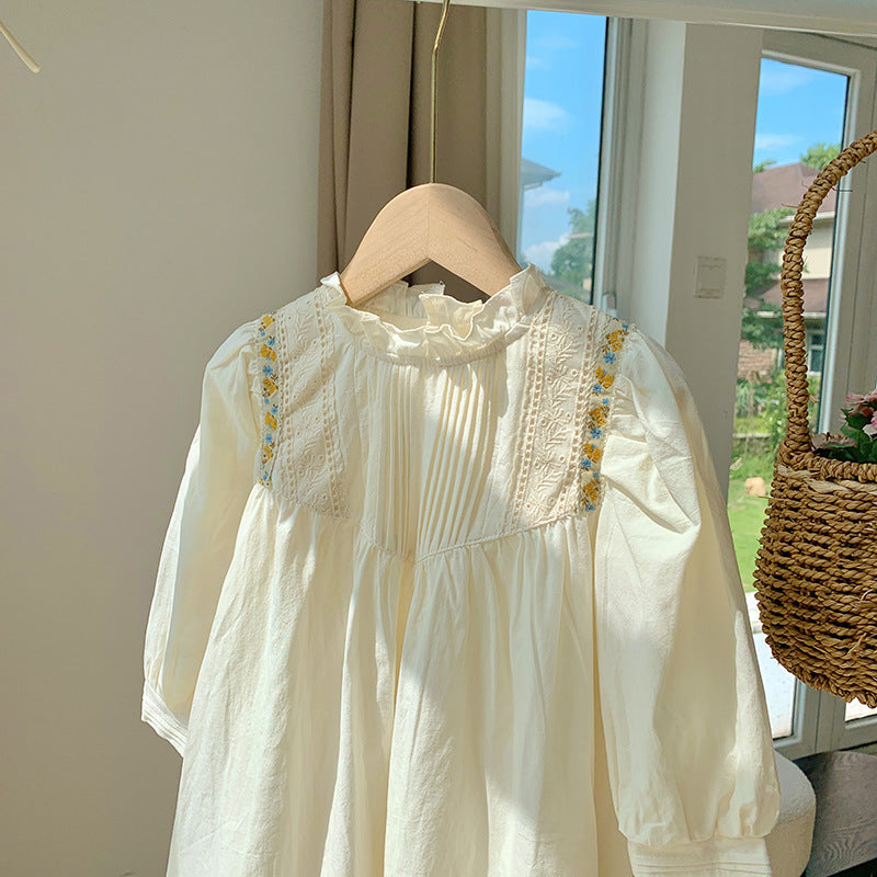 French Pleated Stand Collar Embroidered Girls Dress 2024Lace