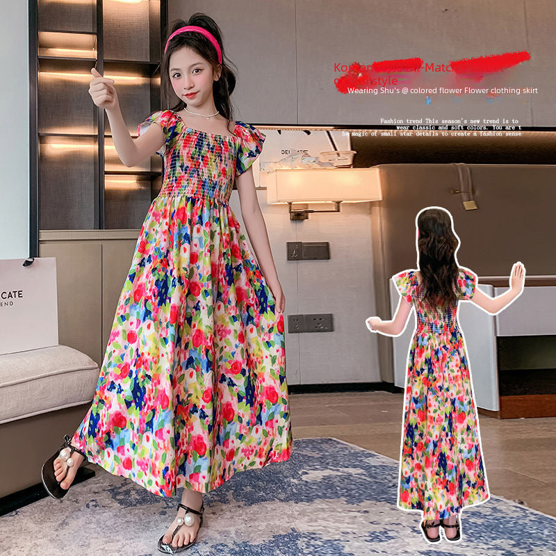 Girls' Retro Oil Painting Dress – Summer Beach Style 2025