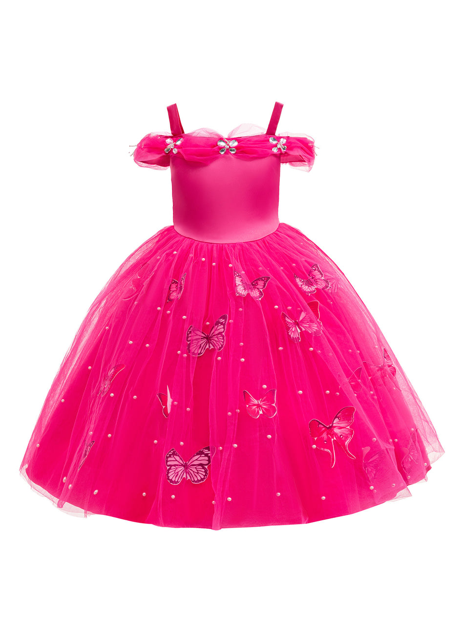 Girls Mesh Princess Rhinestone Butterfly Off Shoulder Dress