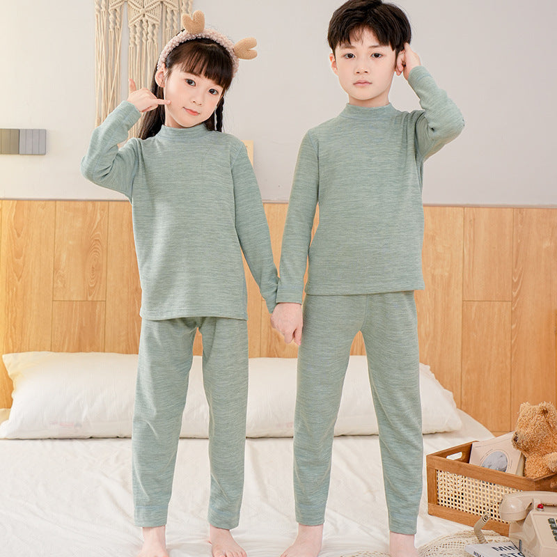 Children Wool Silk Mid Collar Thermal Pajama Set Winter