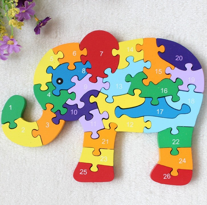 Wooden Elephant Puzzle – Kids Alphabet & Number Toy