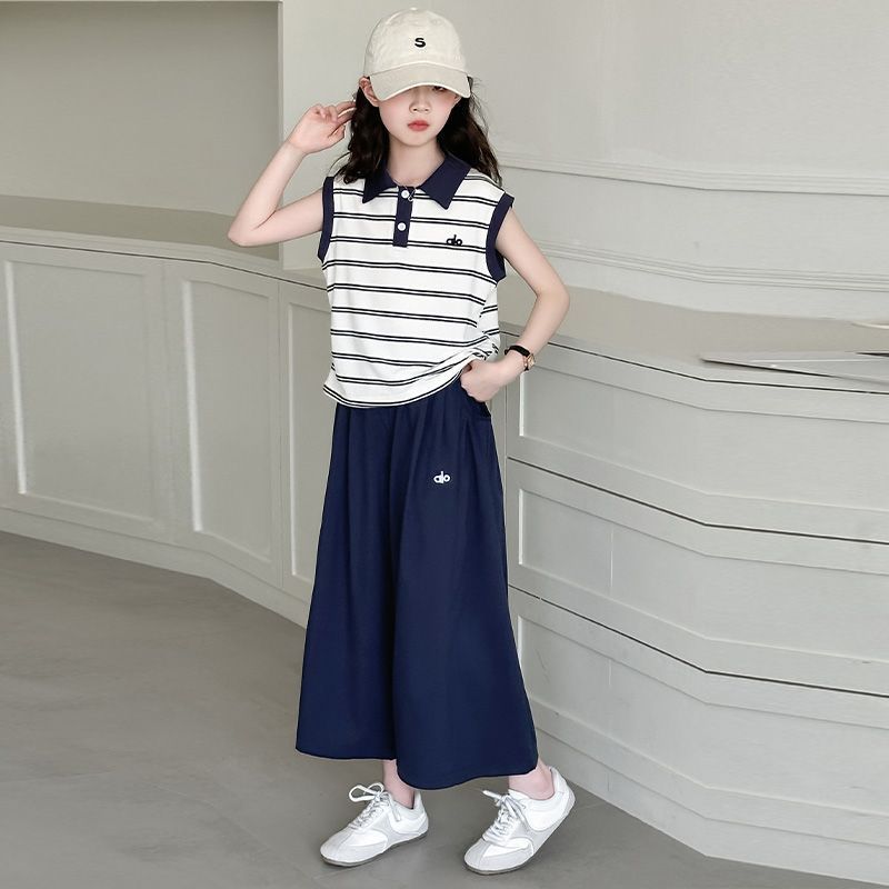 Girls Polo Plaid Wide-Leg Summer Two-Piece Set