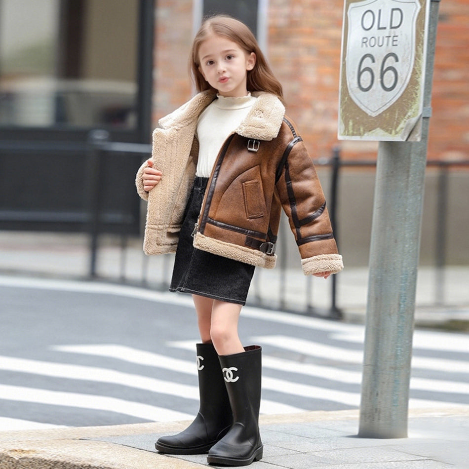Kids’ Suede Leather Jacket – Autumn & Winter Unisex Coat