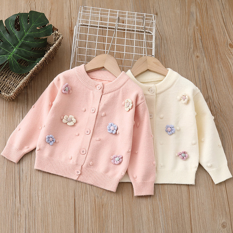 Girls Sweater Cardigan Coat Autumn Winter Handmade Flower-22