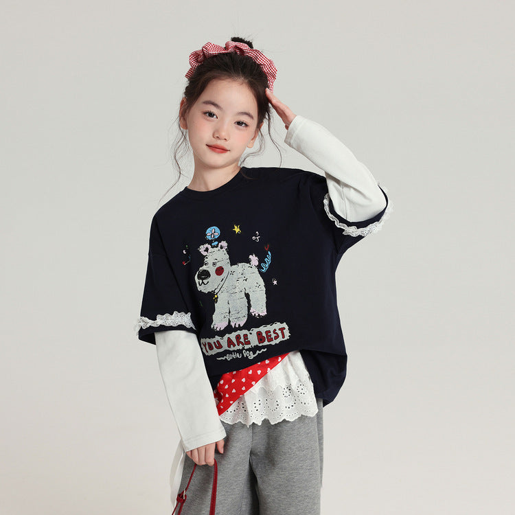 Pudding Haru Girls’ Cartoon Fake Two-Piece Long-Sleeve Tee