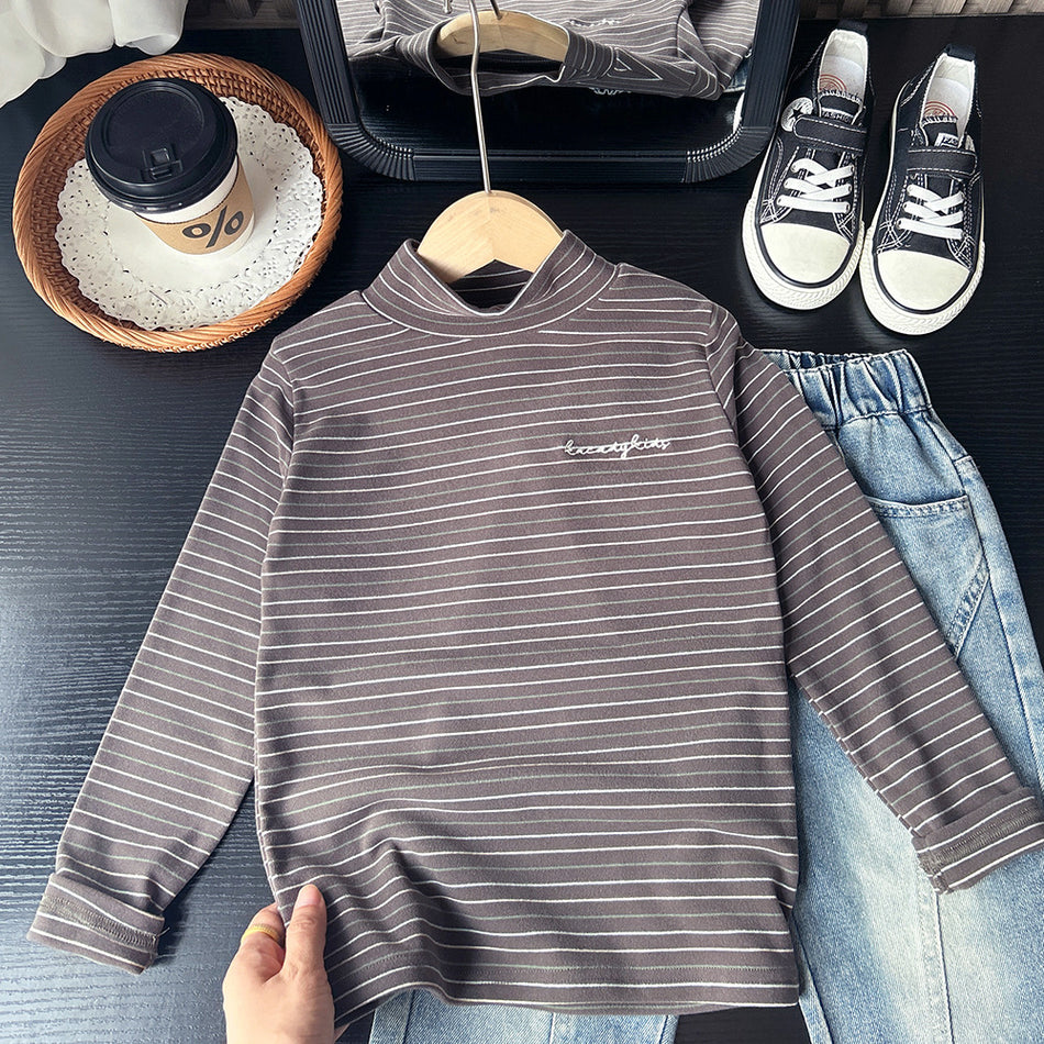 2025 Autumn Children's Striped Boys' Mid-High Collar T-Shirt