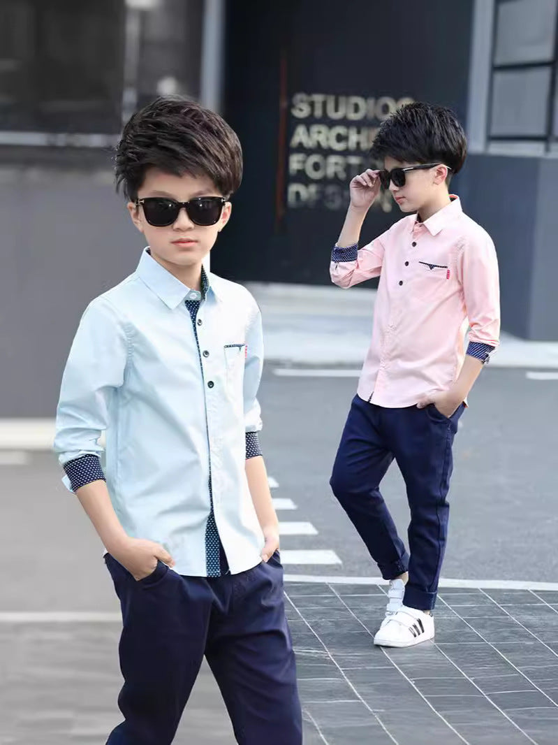 Boys Polka Dot Lapel Long Sleeve Shirt Spring Autumn
