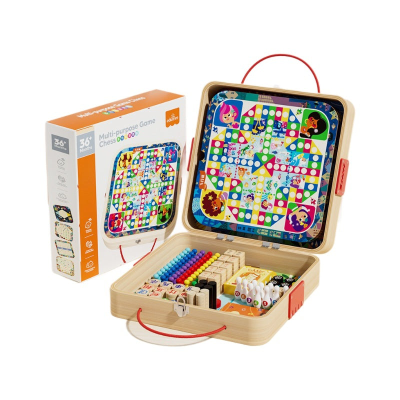 All-in-One Wooden Chess Board Game for Kids & Family