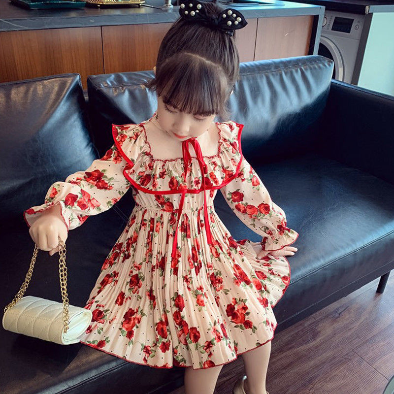Ancorelala Girls Chiffon Floral Pleated Princess Dress Autumn