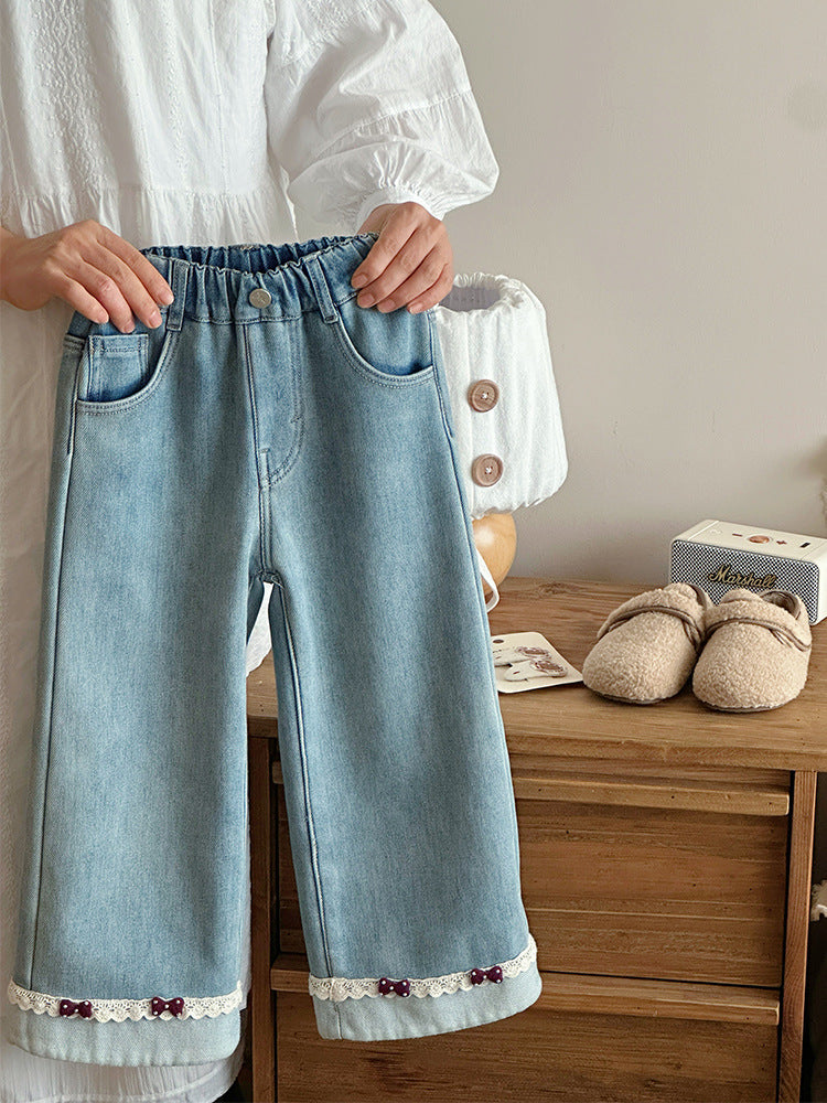 Girls’ Loose Straight Fleece-Lined Winter Jeans