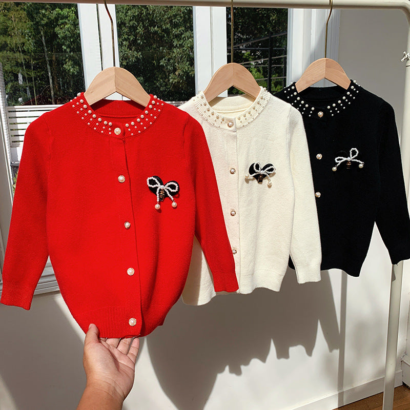Girls’ Red Pearl Bow Sweater Cardigan Autumn Winter 2025