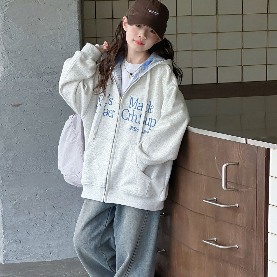 Girls Korean-Style Plaid Zip-Up Hoodie