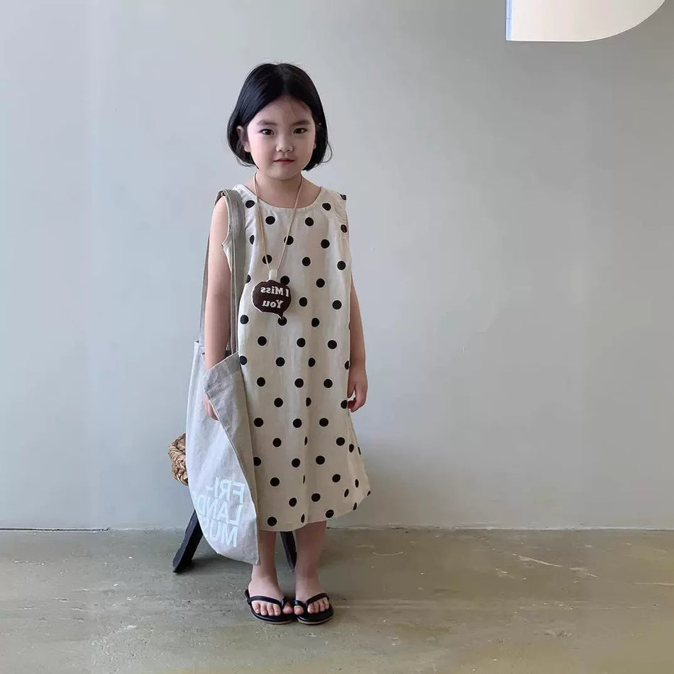 Girls’ Summer Dot Dress – 2024 Sleeveless Backless Style