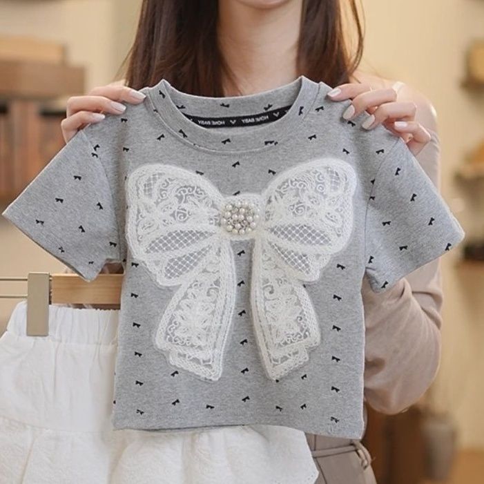 Girls Bow Polka Dot T-Shirt Short Sleeve Summer Top