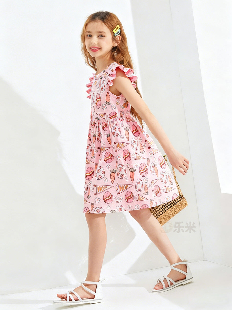Younggirl Girls Pink Easter Sleeveless Mid-Length Dress