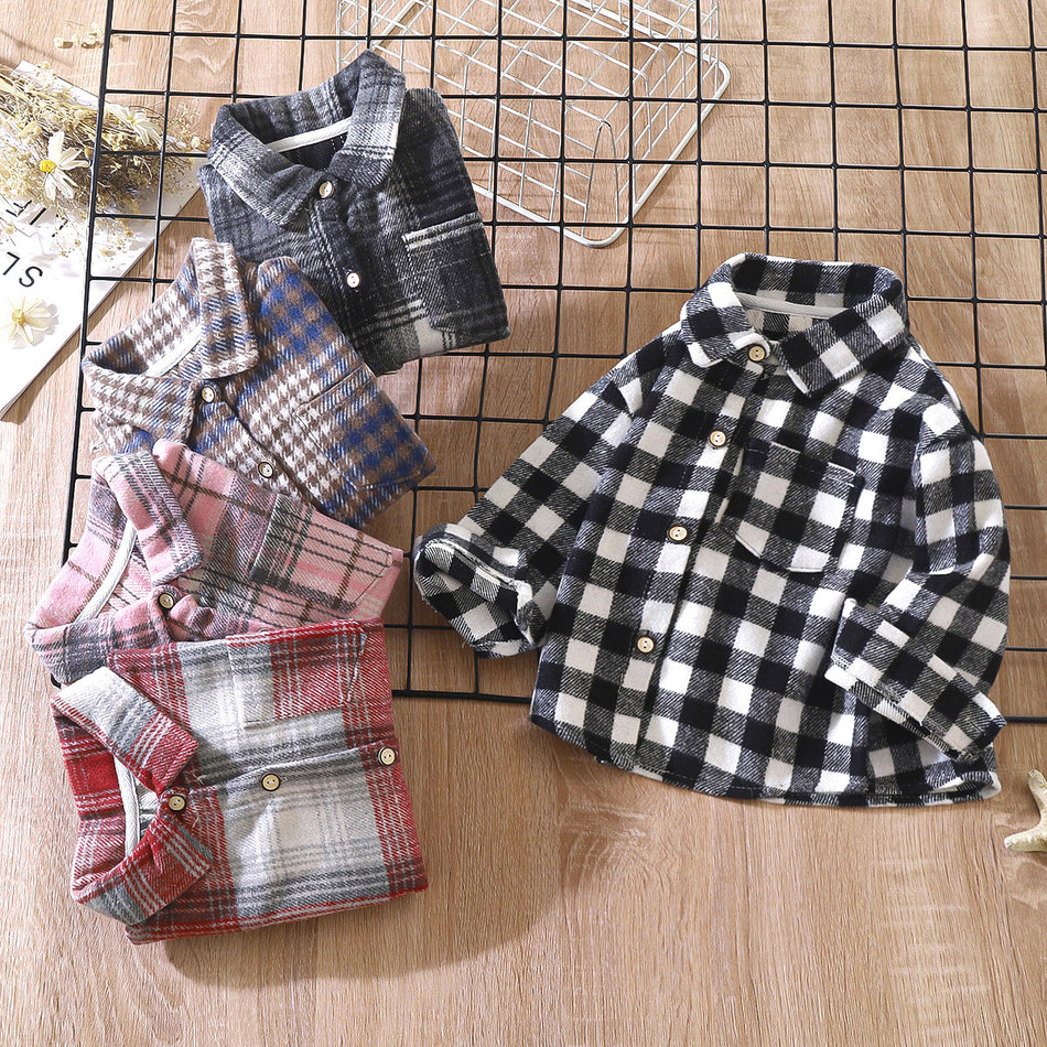 Kids Retro Plaid Shirt Color-Block Long Sleeve