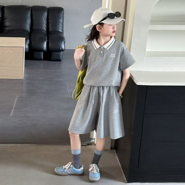 Girls Korean Lapel Shorts Two-Piece Summer Set