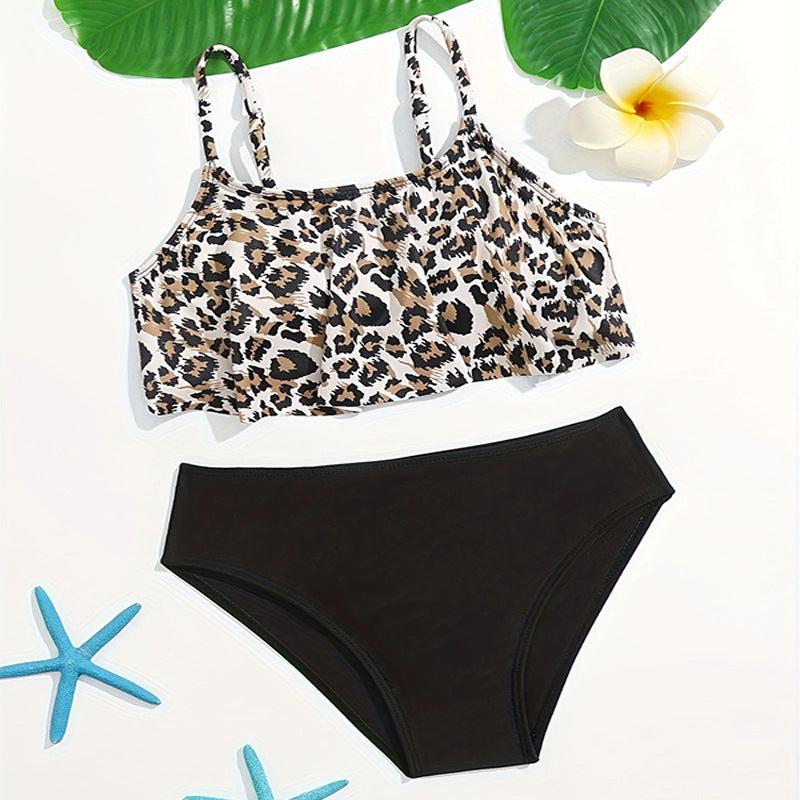 Girls’ Leopard Bikini Set – 2024 Ruffle 2-Piece Swimsuit