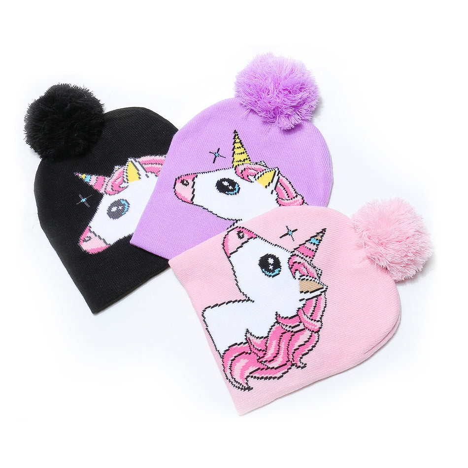 Cute Unicorn Cartoon Wool Hat – Children’s Winter Knitted Beanie
