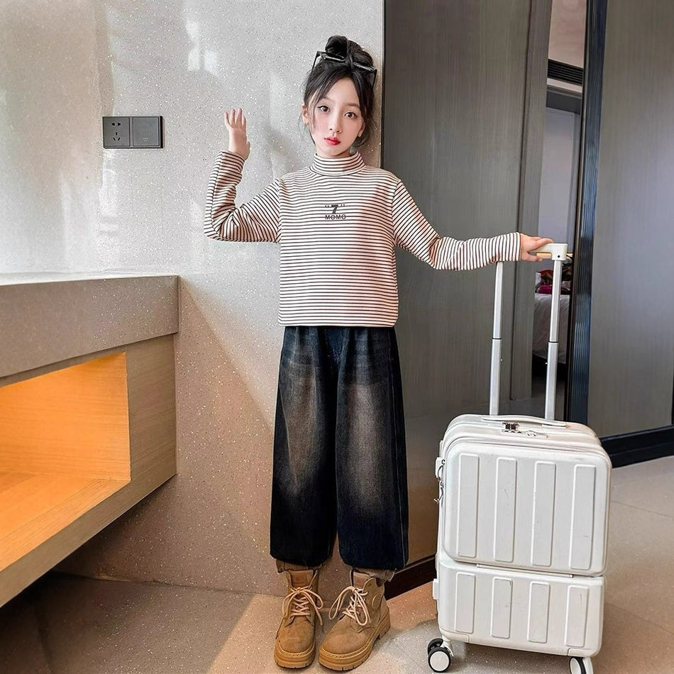 Girls Striped Thermal Half-High Collar Top