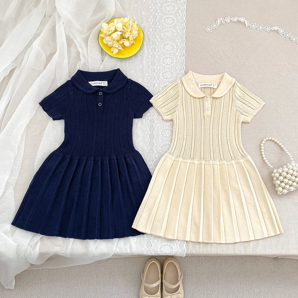 Girls College Style Lapel Knitted Pleated Dress Spring Summer