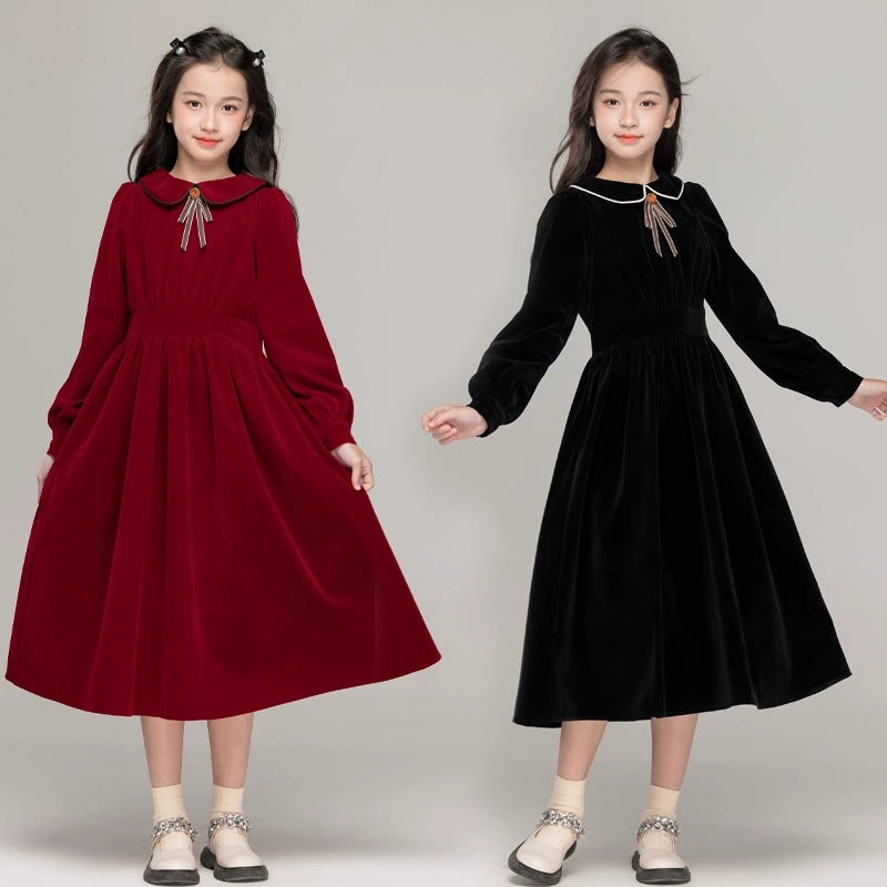 Girls’ Doll Collar Solid Color Princess Dress