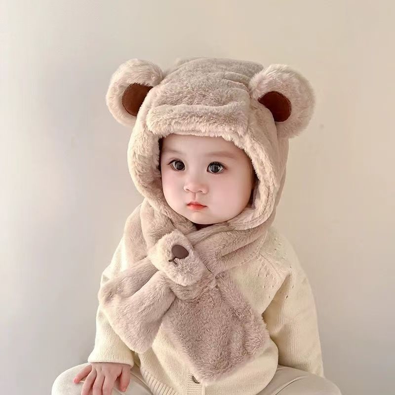 Baby Plush Bear Hat & Scarf – Winter Windproof Cap