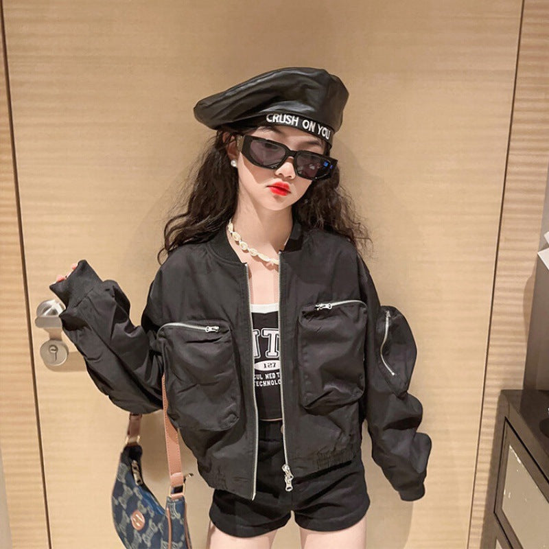Girls Short Pilot Jacket Kids Autumn Baseball Coat