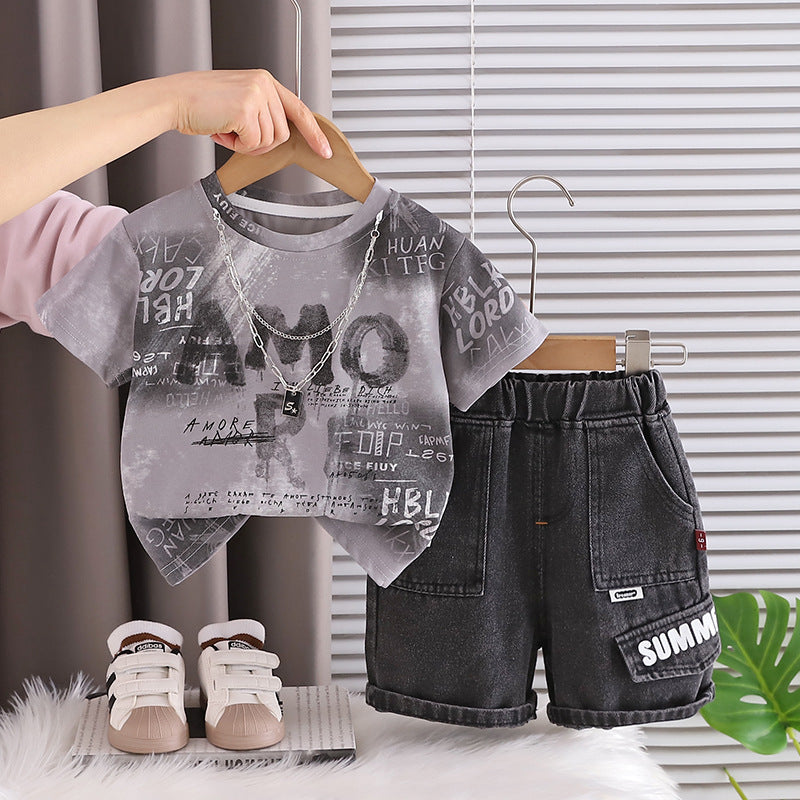 Cotton Boys' Short-Sleeve Letter Print Two-Piece Set