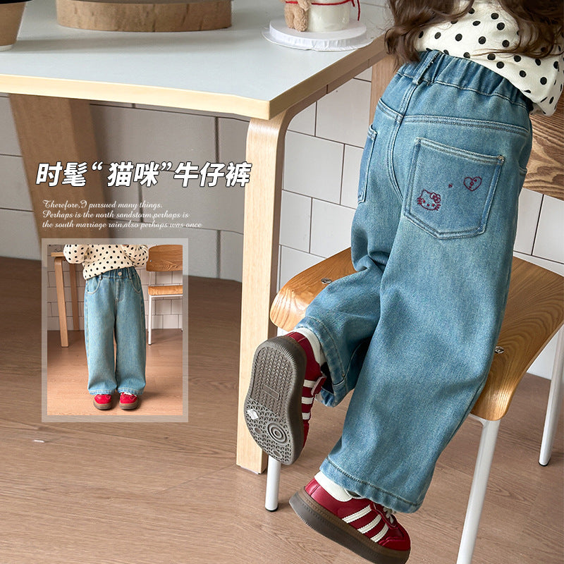 Girls’ Fleece-Lined Korean-Style Cat Embroidered Jeans