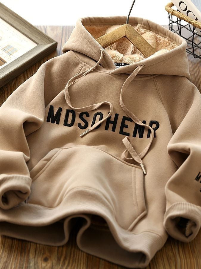 Boys’ Winter Fleece-Lined Hooded Sweater Letter Embroidered Top