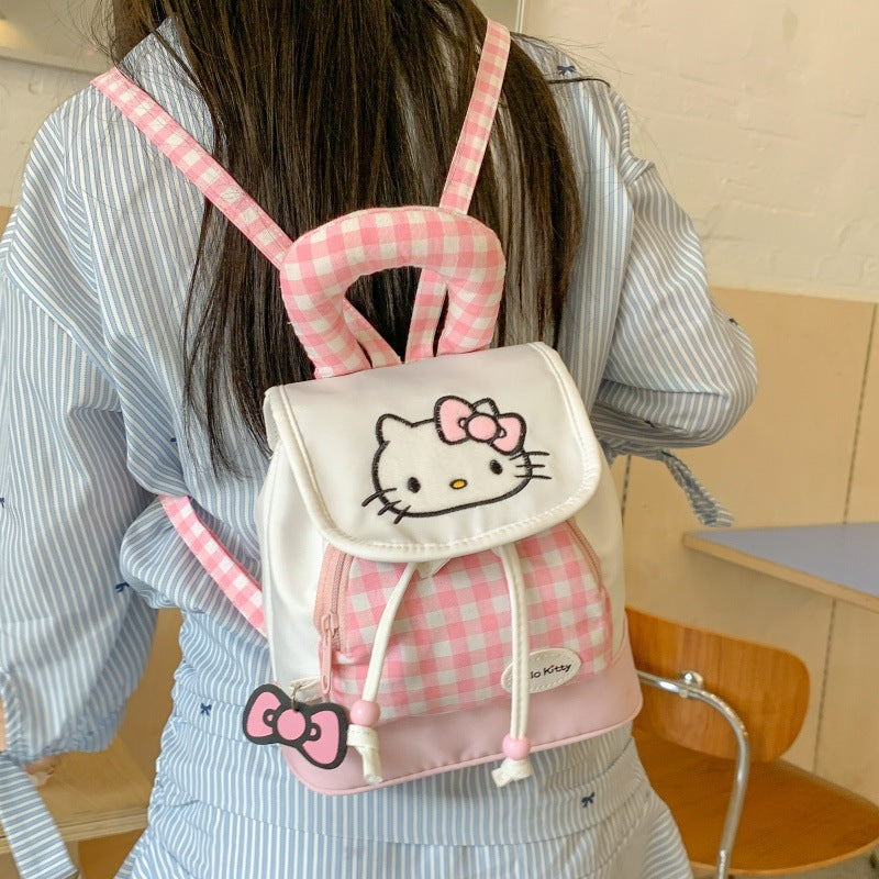 Cartoon Kitty Mini Backpack | Cute Red Plaid Girls Bag
